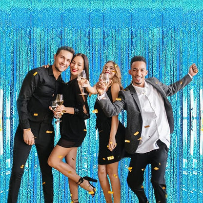 2 Pack 3.2ft x 8.2ft Blue Foil Fringe Curtains Photo Backdrop Party Decorations, Metallic Tinsel Foil Fringe Streamer Curtain for Party Door Wall Curtain Bachelorette Christmas New Year Decorations