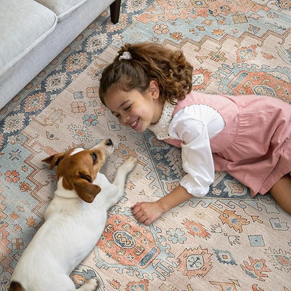 GENIMO 2x5 Washable Runner Rug for Hallway, Vintage Non Slip Low Pile Carpet, Soft Lightweight Printed Rug for Entryway, Kitchen, Corridor & Home Office, Peach Blossom