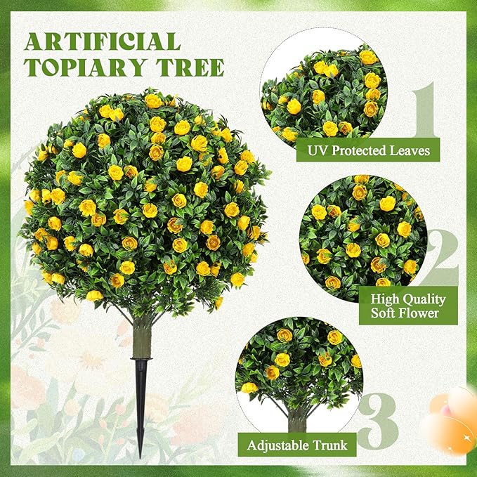 24 Artificial Topiary Ball Tree with Flower Set of 2,Outdoor Fake Topiary with Ground Spike,UV Resistant Faux Artificial Plant Bushes for Indoor Outdoor Front Porch Garden Decor(Yellow)