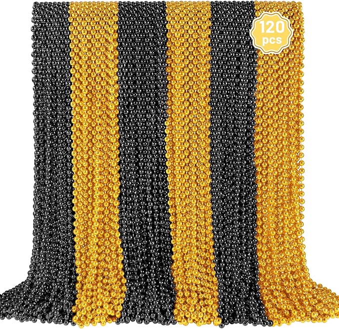 YAXINRUI 120 PCS Gold Black New Year Necklaces, New Year Bead Party Favors, Happy New Year Necklace, 33‘’ Gold Black Beaded Necklaces for 2026 New Years Eve Christmas Halloween Festive Events