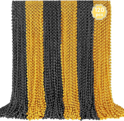 YAXINRUI 120 PCS Gold Black New Year Necklaces, New Year Bead Party Favors, Happy New Year Necklace, 33‘’ Gold Black Beaded Necklaces for 2026 New Years Eve Christmas Halloween Festive Events