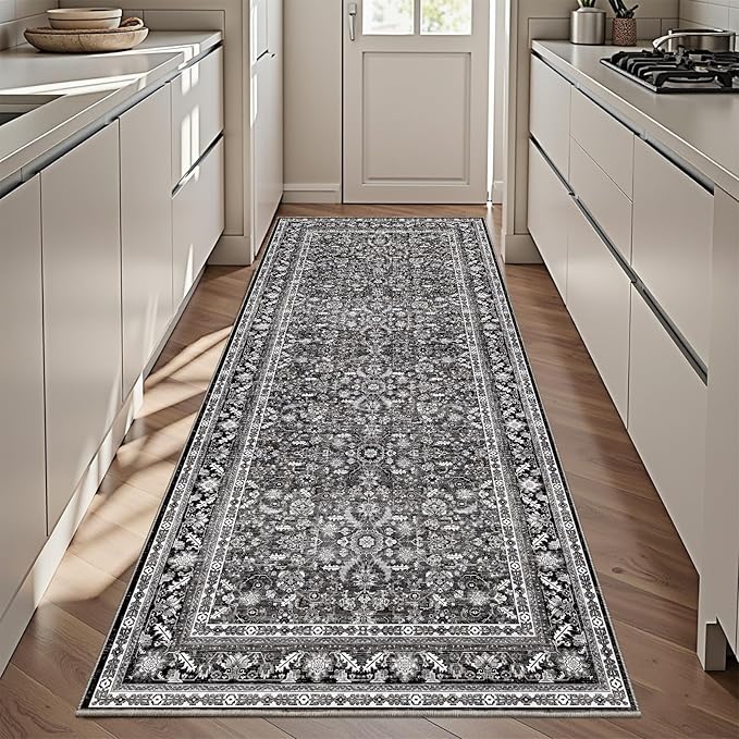 OPPODREAM Thin Vintage Black 3x6 Runner Rug, 3 x 6 Retro Washable Rug Non Slip, Low-Pile Faux Wool Carpet, Distressed Floor Mat for Kitchen, Hallway, Entry-Way, Entrance, Indoor Back Door