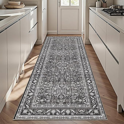 OPPODREAM Thin Vintage Black 3x6 Runner Rug, 3 x 6 Retro Washable Rug Non Slip, Low-Pile Faux Wool Carpet, Distressed Floor Mat for Kitchen, Hallway, Entry-Way, Entrance, Indoor Back Door