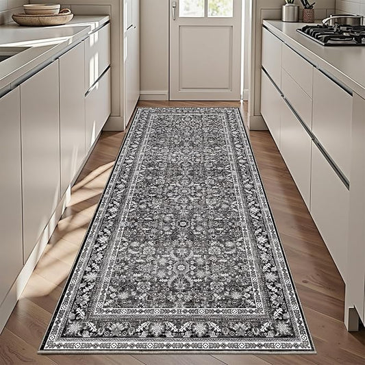 OPPODREAM Thin Vintage Black 3x6 Runner Rug, 3 x 6 Retro Washable Rug Non Slip, Low-Pile Faux Wool Carpet, Distressed Floor Mat for Kitchen, Hallway, Entry-Way, Entrance, Indoor Back Door