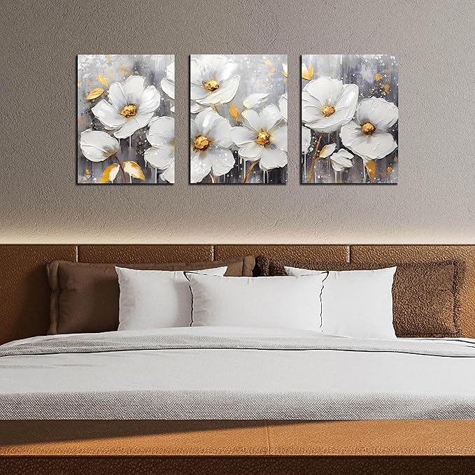 White Flowers Wall Art for Bedroom - Modern Canvas Wall Art for Office - 3 Piece Wall Art for Living Room 12" x 16"
