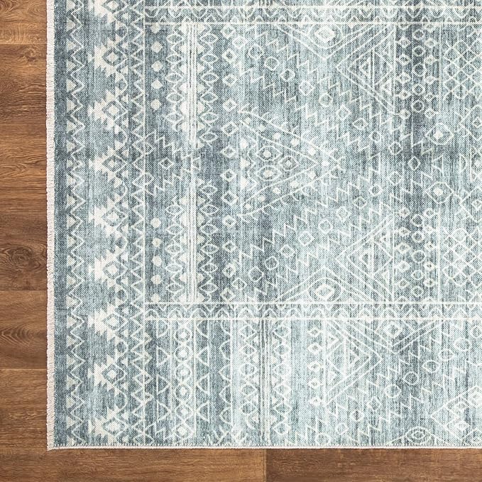 Bloom Rugs Caria Washable Non-Slip 9x12 Rug - Teal/Ivory Geometric Area Rug for Living Room, Bedroom, Dining Room, and Kitchen - Exact Size: 9' x 12'