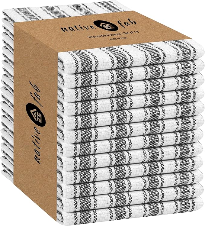 Native Fab Gray Stripe Kitchen Towels - 12 Pack - 100% Cotton, Basket Weave Striped Dishcloths Set - 16 x 26 Inches - Absorbent, Quick Drying, Durable & Washable Towel with Hanging Loop - Grey White