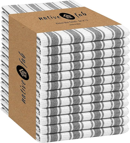 Native Fab Gray Stripe Kitchen Towels - 12 Pack - 100% Cotton, Basket Weave Striped Dishcloths Set - 16 x 26 Inches - Absorbent, Quick Drying, Durable & Washable Towel with Hanging Loop - Grey White