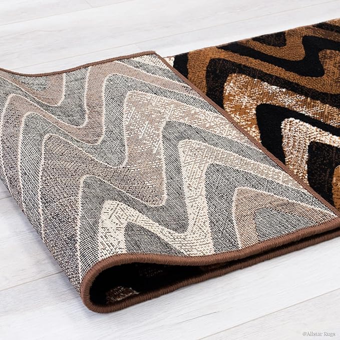 Allstar 2x7 Chocolate and Mocha Modern and Contemporary Runner with Ivory and Espresso Wavy Zigzag Design (1' 11" x 6' 11")
