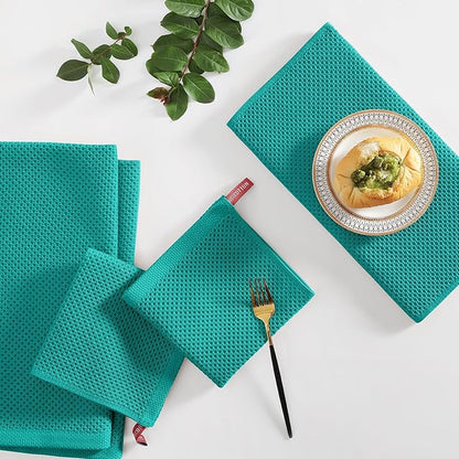 Homaxy 100% Cotton Kitchen Towels and Dishcloths Set, 12 x 12 Inches and 13 x 28 Inches, Set of 12 Bulk Kitchen Towels Set, Ultra Soft Absorbent Dish Cloths for Washing Dishes, Teal