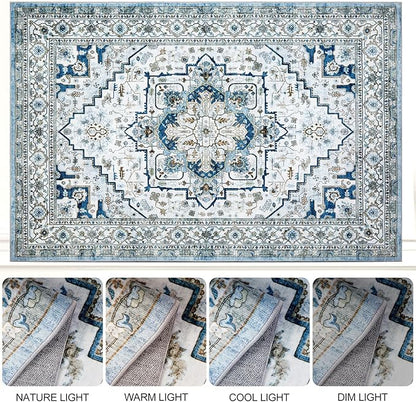 Area Rugs for Living Room 8x10 - Large Machine Washable Vintage Oriental Soft Rugs, Low Pile Thin Floor Carpet with Non Slip Backing for Bedroom, Dorm, Under Dining Room Table, Indoor House, Office