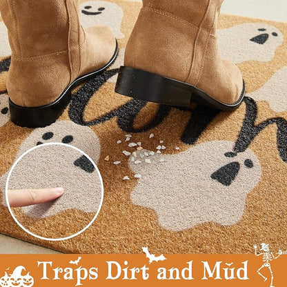 Halloween Door Mat Spooky Ghost Welcome Mat for Front Door Outdoor Entrance Doormat Coir Dirt Trapper with Non Slip Backing, 17x30, Welcome Ghost