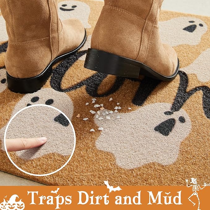 Halloween Door Mat Spooky Ghost Welcome Mat for Front Door Outdoor Entrance Doormat Coir Dirt Trapper with Non Slip Backing, 24x36, Welcome Ghost