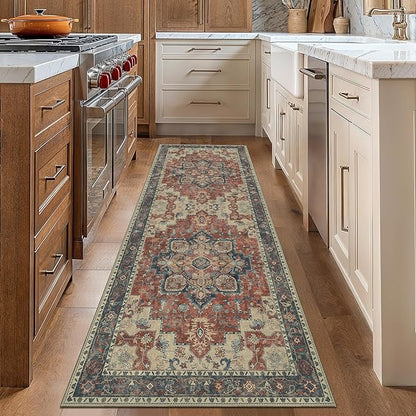 GENIMO 2x8 Runner Rugs for Hallway, Machine Washable Non Slip Vintage Rugs, Low Pile Lightweight Soft Print Rug for enrtyway, Corridor, Home Office, Kitchen, Bordeaux