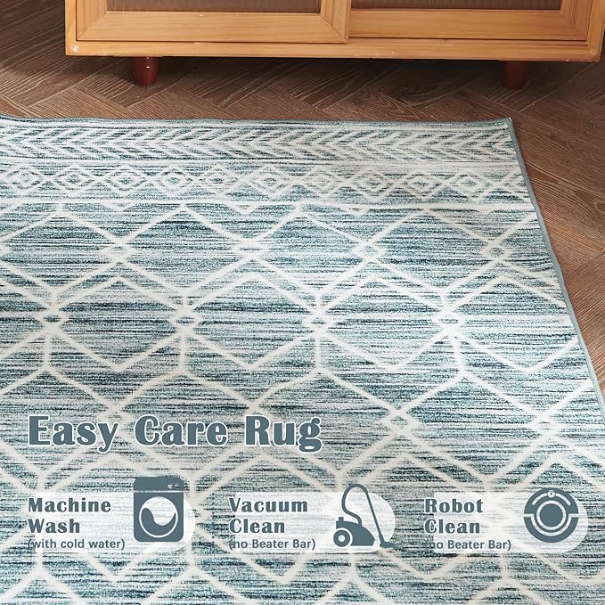 jinchan Moroccan Runner Rug 2x6 - Kitchen Machine Washable Runner Rug Modern Geometric Low-Pile Lightweight Non-Slip Carpet for Entryway Hallway Laundry Room Bedroom Bedside (2x6ft, Teal Blue)