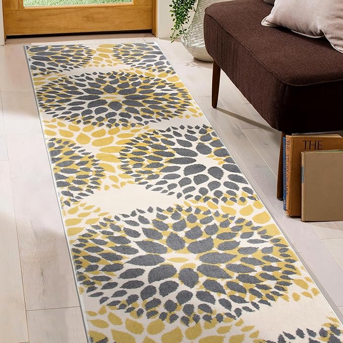 Rugshop Modern Yellow Floral Circles Design Area Rug – Elegant Non-Shedding, 2' x 7' for Living Room, Bedroom, Dining Room, Kitchen
