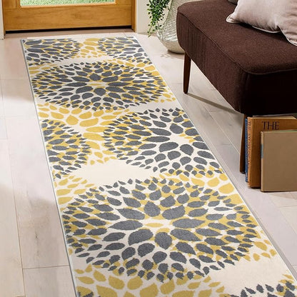 Rugshop Modern Yellow Floral Circles Design Area Rug – Elegant Non-Shedding, 2' x 7' for Living Room, Bedroom, Dining Room, Kitchen