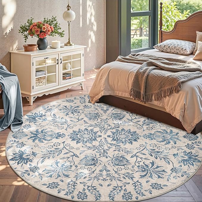 jinchan Classic Floral Round Rug 8ft, Vintage-Inspired Design 8’Circle Rug, Machine Washable Ultra-Thin Low-Pile Non-Slip Indoor Carpet for Bedroom Dining Room Living Room, Dark Blue