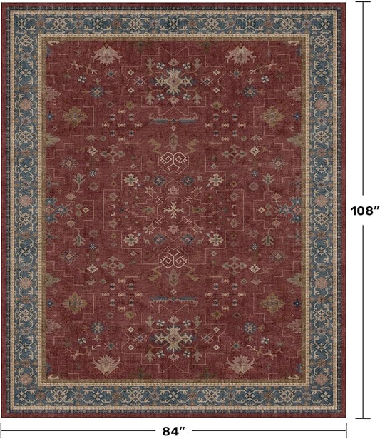 7x9 Dining Room Rugs for Under Table - Vintage Burgundy Boho Living Room Rug, Lightweight Washable Soft Floor Carpet,Southwestern Bed Room Décor Aesthetic