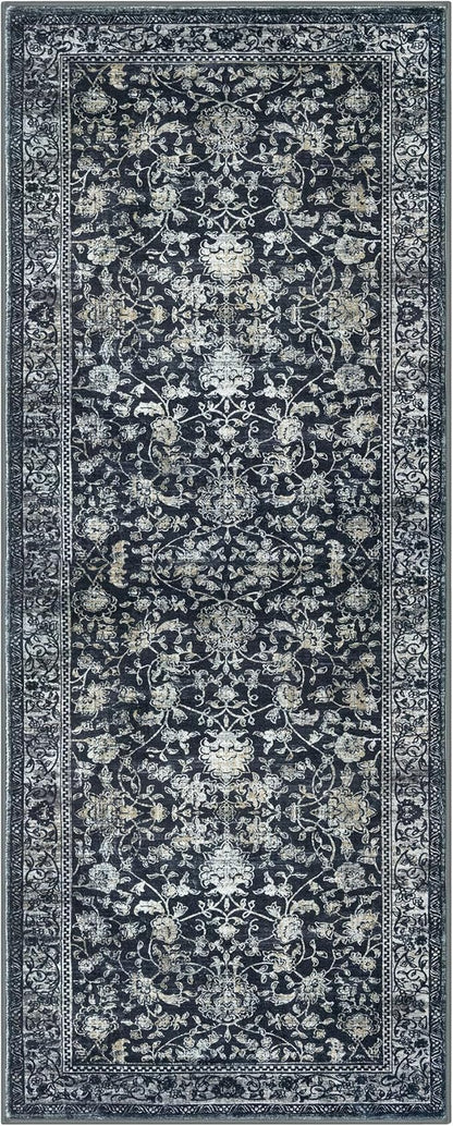 KILOCOCO Hallway Runner 2x5 Rug Runner Printed Vintage Floral Washable Kitchen Runners Non-slip Rubber Backed Runners for Hallways Laundry Room Distressed Boho Rugs for Entryway Bedroom, Navy/Charcoal