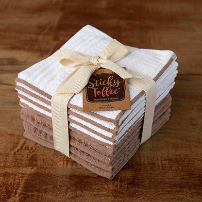 Sticky Toffee Cotton Dishcloths Set of 8, Brown and White, 12 x 12 in, Absorbent Reusable Tea Towels and Cleaning Cloths, Oeko-Tex Cotton