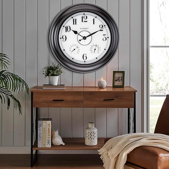 CLXEAST 24 Inch LED Self-Illuminated Outdoor Metal Clocks Waterproof, Large Lighted Outdoor Clock with Temperature and Humidity,House Warming Gifts New Home,Oil Rubbed Bronze Black