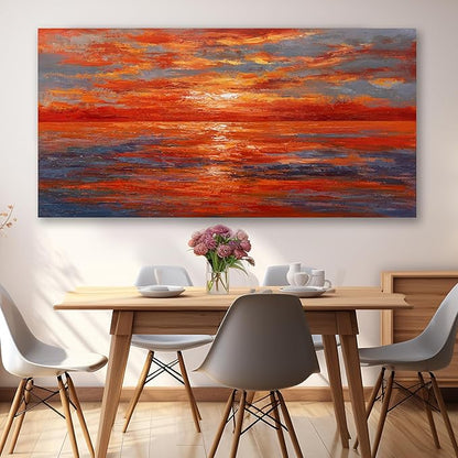Red Sunset Ocean Abstract Wall Art Canvas Print Wall Decor Landscape Painting Framed Beach Artwork for Living Room Bedroom Office Farmhouse Bar Home Decor 29"x58"