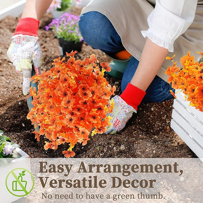 18 Bundles Artificial Mums for Outdoors/Indoors Faux Mums for Outdoor Planters, Eucalyptus Leaves Fall Flowers Artificial for Decoration Boxwood Garden Porch Window Home Wedding(Orange)