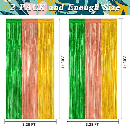 2 Pack Luau Decorations, 3.28 FT x 7.05 FT Summer Party Streamer, Green Brown Yellow Backdrop Tinsel Curtains Fringe Curtains, Metallic Hawaiian Supplies Aloha Party Decor