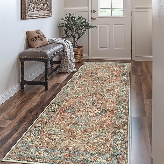 GENIMO Machine Washable 8x10 Area Rugs for Living Room, Non Slip Vintage Rugs, Low Pile Lightweight Chenille Print Rug for Bedroom, Dining Room, Home Office, Red Multi