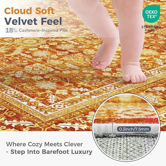 OPPODREAM Thin Vintage Orange 2x12 Runner Rug, 2 x 12 Retro Washable Rug Non Slip, Low-Pile Faux Wool Carpet, Distressed Floor Mat for Kitchen, Hallway, Entry-Way, Entrance, Indoor Back Door