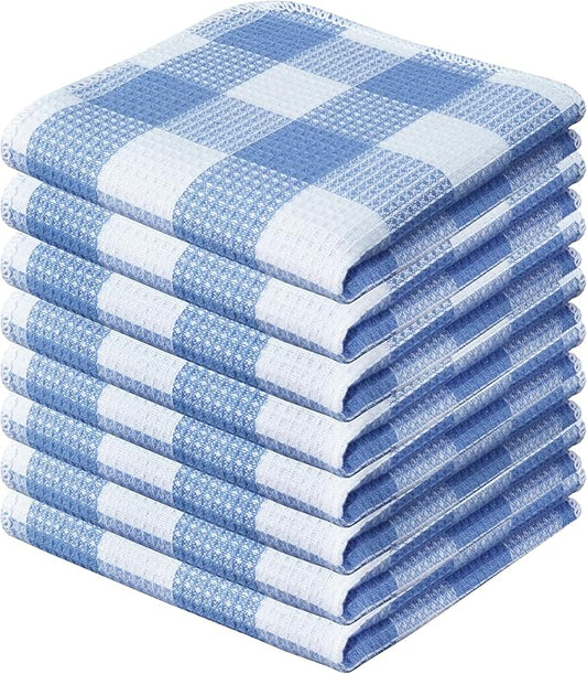 Waffle Weave Plaid Dish Cloths, 100% Cotton - 12 x 12 Inches, Ultra Soft Absorbent Quick Drying Dish Towels Buffalo Check Dish Rags for Kitchen, 8 Pack - Fall Thanksgiving - Light Blue & White