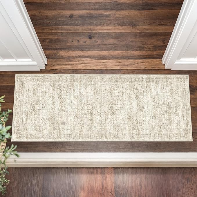 2x5 Rug Runner Washable for Entryway, Soft Bathroom Rugs with Non-Slip Backing, Abstract Low Pile Hallway Runner, Vintage Small Kitchen Carpet for Stair, Laundry Room(2'x5', Beige/Ivory)