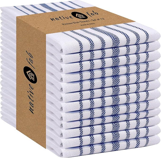 Native Fab Blue Kitchen Dish Towels 16"x26" Set of 12 Herringbone Weave - Scandia Stripe 100% Cotton Tea Towels, Dishcloths, Absorbent Reusable Hand Towels with Hanging Loop - Blue White