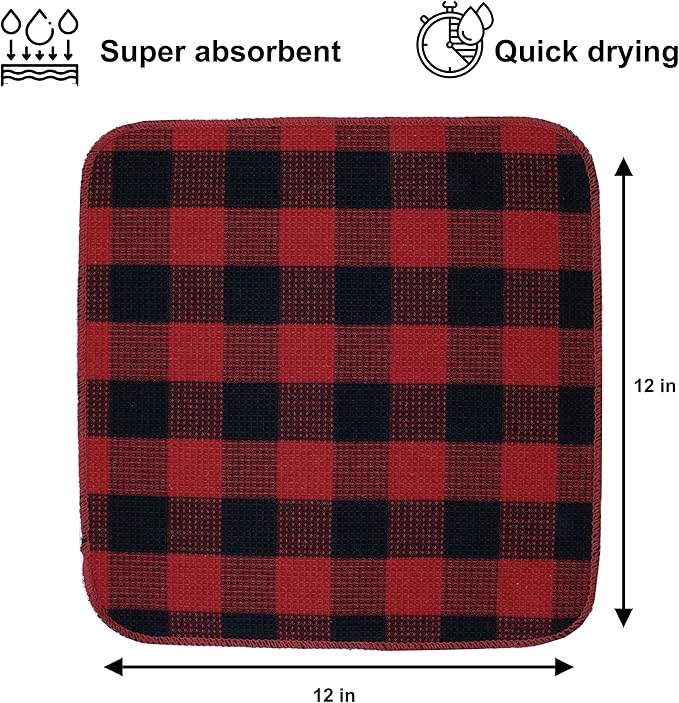 Waffle Weave Plaid Dish Cloths, 100% Cotton - 12 x 12 Inches, Ultra Soft Absorbent Quick Drying Dish Towels Buffalo Check Dish Rags for Kitchen, 8 Pack - Fall Thanksgiving - Red & Black
