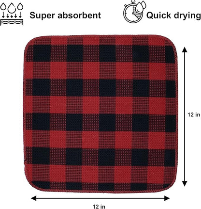 Waffle Weave Plaid Dish Cloths, 100% Cotton - 12 x 12 Inches, Ultra Soft Absorbent Quick Drying Dish Towels Buffalo Check Dish Rags for Kitchen, 8 Pack - Fall Thanksgiving - Red & Black
