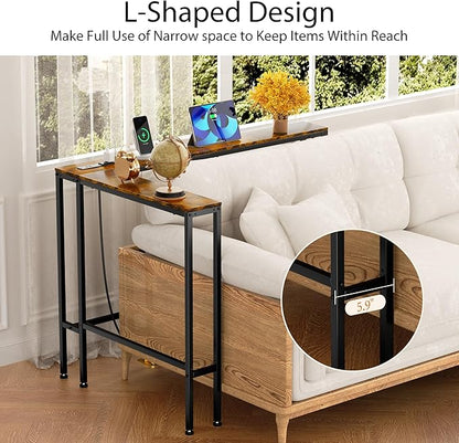 70" Narrow Console Sofa Table with Power Outlets & 2 USB Ports, L Shaped Behind Couch Table Skinny, 3 Assembly Options Entryway Tables with Charging Station for Living Room, Hallway, Brown, 70IN