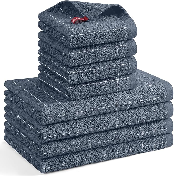 Mordimy 100% Cotton Terrycloth Kitchen Towels and Dishcloths Sets, Soft and Absorbent Checkered Dish Towels, Quick Drying Dish Rags for Washing Dishes, 4 Pack 16" x 26" & 4 Pack 12" x 12", Grey
