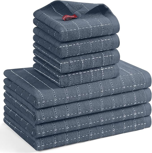 Mordimy 100% Cotton Terrycloth Kitchen Towels and Dishcloths Sets, Soft and Absorbent Checkered Dish Towels, Quick Drying Dish Rags for Washing Dishes, 4 Pack 16" x 26" & 4 Pack 12" x 12", Grey
