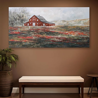 Farmhouse Wall Art Canvas Picture Red Rustic Barn Farm Artwork Decor Country Landscape Panoramic Countryside Rural Nature Scene Painting for Living Room Bedroom Office Decor Wall Decor 29"x58"