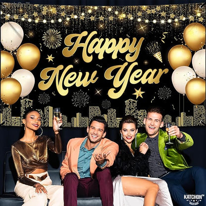 KatchOn, XtraLarge Happy New Year Banner - 72x44 Inch | Happy New Years Decorations 2026 | Happy New Year Backdrop, New Years Eve Party Supplies 2026 | New Years Eve Backdrop for NYE Decorations 2026