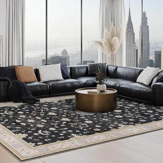 5x7 Washable Boho Rugs for Bedroom, Black Area Rug for Living Room, Soft Faux Wool Modern Carpet for Kids Playroom Dorm Nursery Dining Room Office Home Laundry, Non Slip Low Pile Mat, Black/Gold