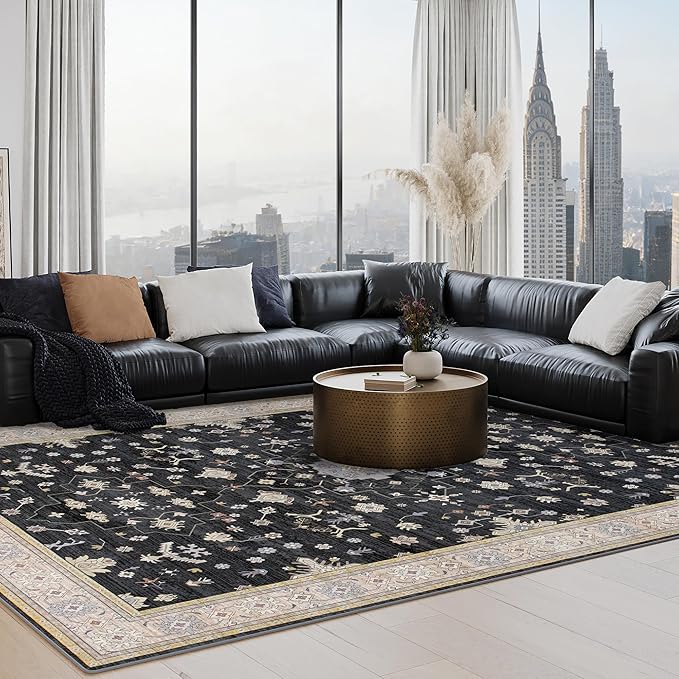 Large Rugs for Living Room, 8x10 Black Washable Rug for Bedroom, Soft Boho Indoor Carpets, Big Modern Kids Room Rug, Non-Slip Low Pile Mat for Office Home Dining Room Christmas Decor, Black/Gold