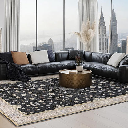Large Rugs for Living Room, 8x10 Black Washable Rug for Bedroom, Soft Boho Indoor Carpets, Big Modern Kids Room Rug, Non-Slip Low Pile Mat for Office Home Dining Room Christmas Decor, Black/Gold