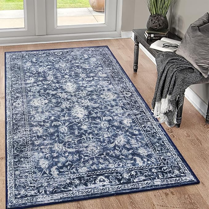 KILOCOCO Area Rug 3x5 Entryway Rug Washable Printed Vintage Floral Rubber Backed Non Slip Indoor Kitchen Rugs for Living Room Laundry Room Playroom Mudroom Moroccan Area Rugs, Blue