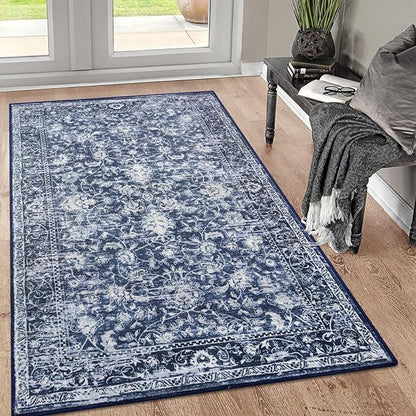 KILOCOCO Area Rug 3x5 Entryway Rug Washable Printed Vintage Floral Rubber Backed Non Slip Indoor Kitchen Rugs for Living Room Laundry Room Playroom Mudroom Moroccan Area Rugs, Blue