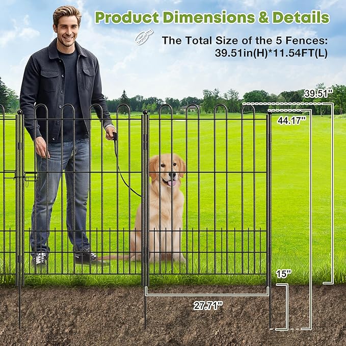 5 Panels Dog Fence Outdoor for Yard, 39.5in (H) x 11.5ft (L) Dog Fence for Garden