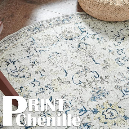 jinchan Round Rug 6ft Area Rug Washable Vintage Indoor Retro Accent Floor Cover Distressed Floral 6' Round Circle Boho Non Slip Thin Carpet for Living Room Dining Room Bedroom Kitchen Blue