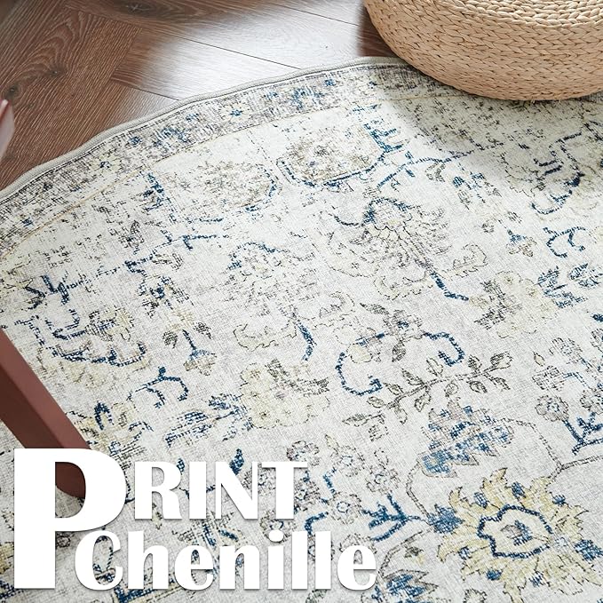 jinchan Round Rug 7ft Area Rug Washable Vintage Indoor Retro Accent Floor Cover Distressed Floral 7' Round Circle Boho Non Slip Thin Carpet for Living Room Dining Room Bedroom Kitchen Blue