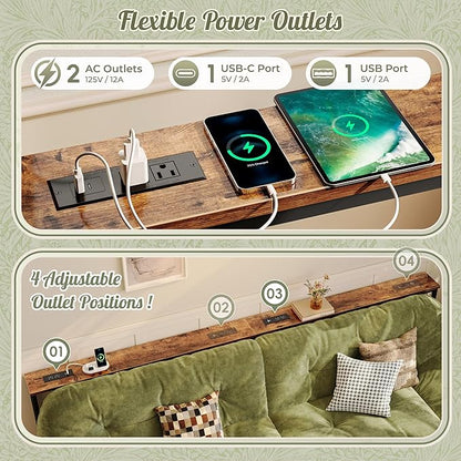 Huuger 110.2 Inch Sofa Table with Power Outlets, 23.9’’-34.4’’ Height Adjustable Range, Behind Couch Table with USB-C Ports, Sofa Tables Narrow Long, Skinny Console Table, Small Spaces, Rustic Brown